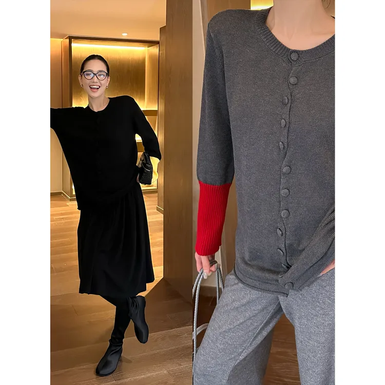 AME  扭扭撞色衫  绵羊毛趣味解构慵懒风针织开衫毛衣ZD11SMHJ366