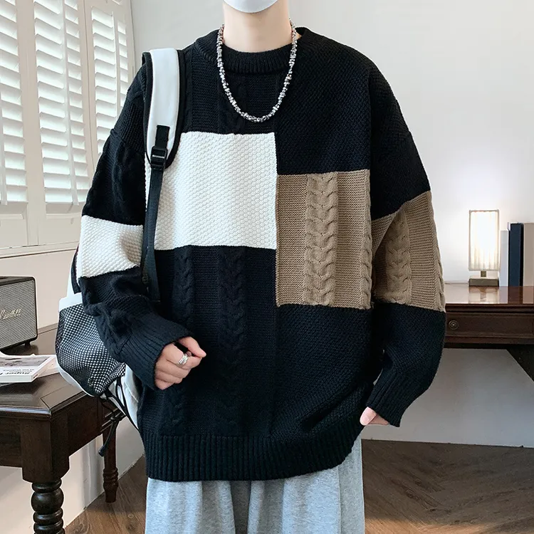 毛衣男秋冬新款撞色慵懒风加厚针织衫潮牌内搭青少年打底毛线衣服
