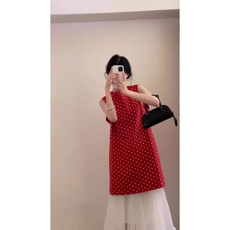 波点无袖红色气质连衣裙2025夏日法式气质仙女网纱半身裙两件套女