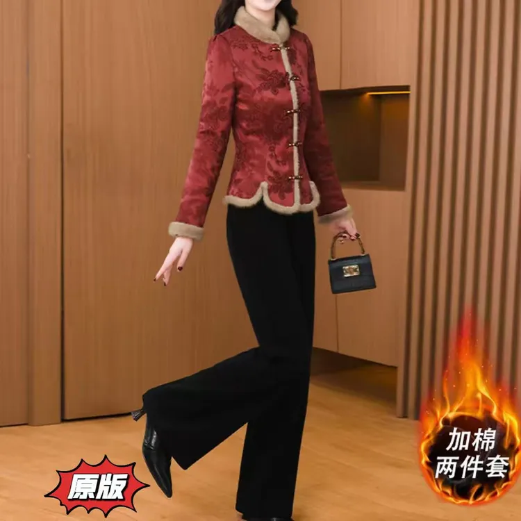 高档加棉加厚时尚外套+裤子两件套2025冬季新款显瘦洋气轻奢套装