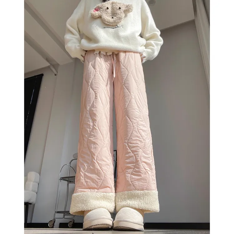 羊羔绒棉裤女秋冬2025新款东北特厚保暖加绒裤拼接毛绒束脚阔腿裤