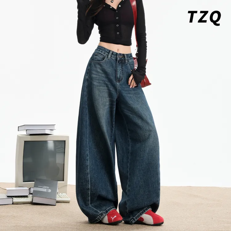 美式复古阔腿牛仔裤女秋高腰垂感时尚设计百搭拖地裤TZQ25100306