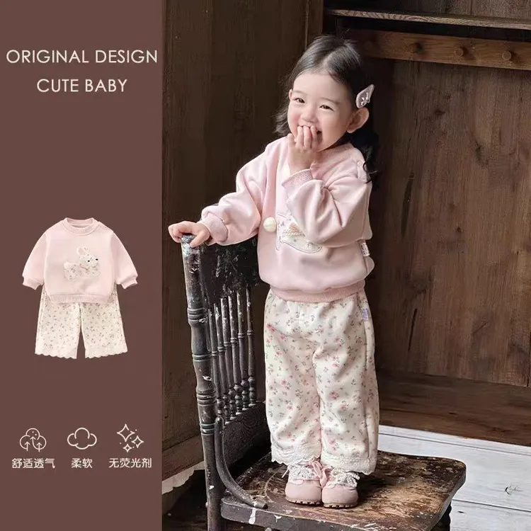 女宝宝加绒卫衣阔腿裤秋冬套装2025新款婴幼儿冬季分体两件套