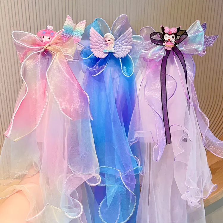 儿童爱莎公主头纱超仙蝴蝶结飘带发夹小女孩生日拍照女童发光头饰
