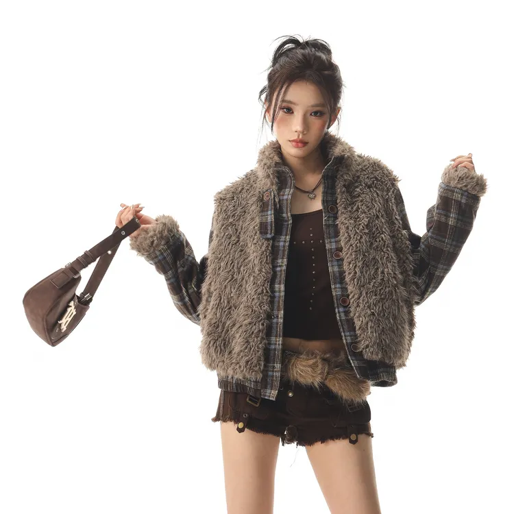 啤酒队长 冬季复古格子拼接羊羔毛外套女加厚保暖慵懒宽松棉服潮