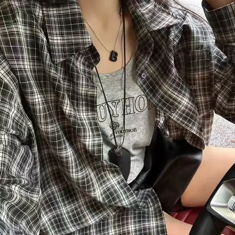 RAIN秋新款格纹长袖衬衫两件套82833大版宽松舒适百搭