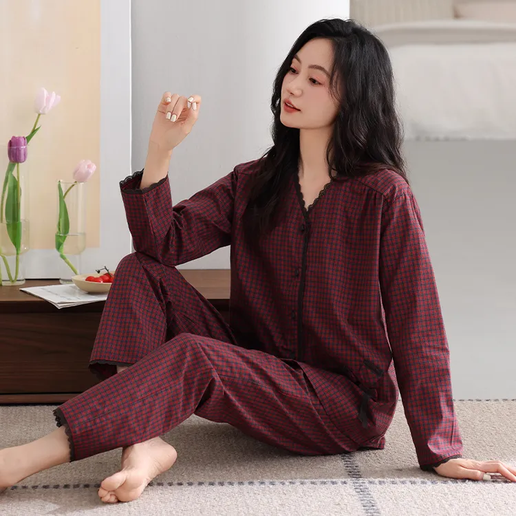 带胸垫睡衣女春秋款梭织纯棉长袖2025新款全棉中年妈妈家居服套装