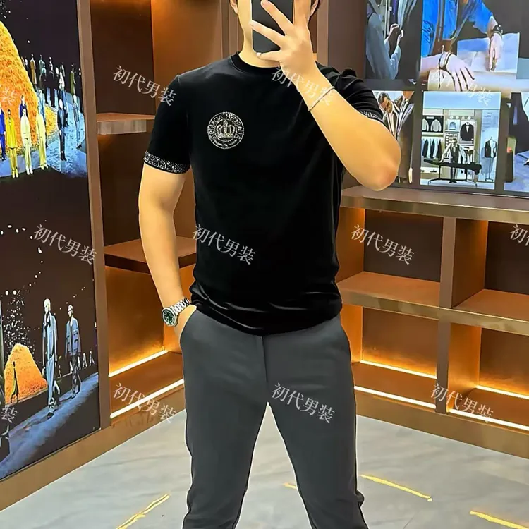 秋冬丝绒烫钻打底衫休闲T恤圆领时尚上衣高弹修身轻奢短袖-23208