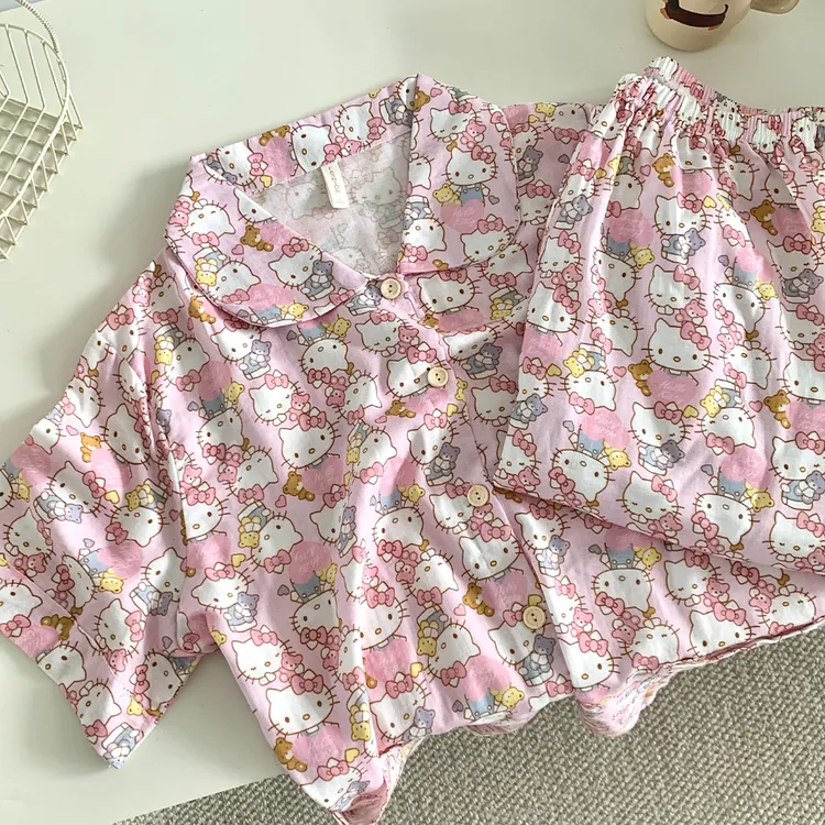 100%纯棉A类短袖睡衣夏季家居服套装
