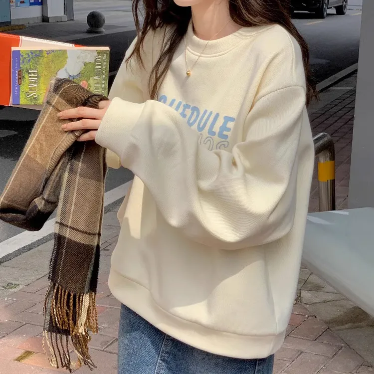 小个子加绒奶fufu的圆领卫衣女2025新品慵懒风奶系秋冬长袖上衣潮