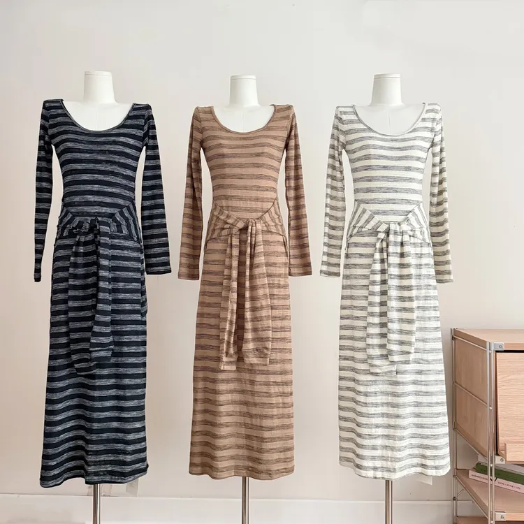 韩国东大门2025夏季新款韩版条纹系腰长袖假两件连衣裙
