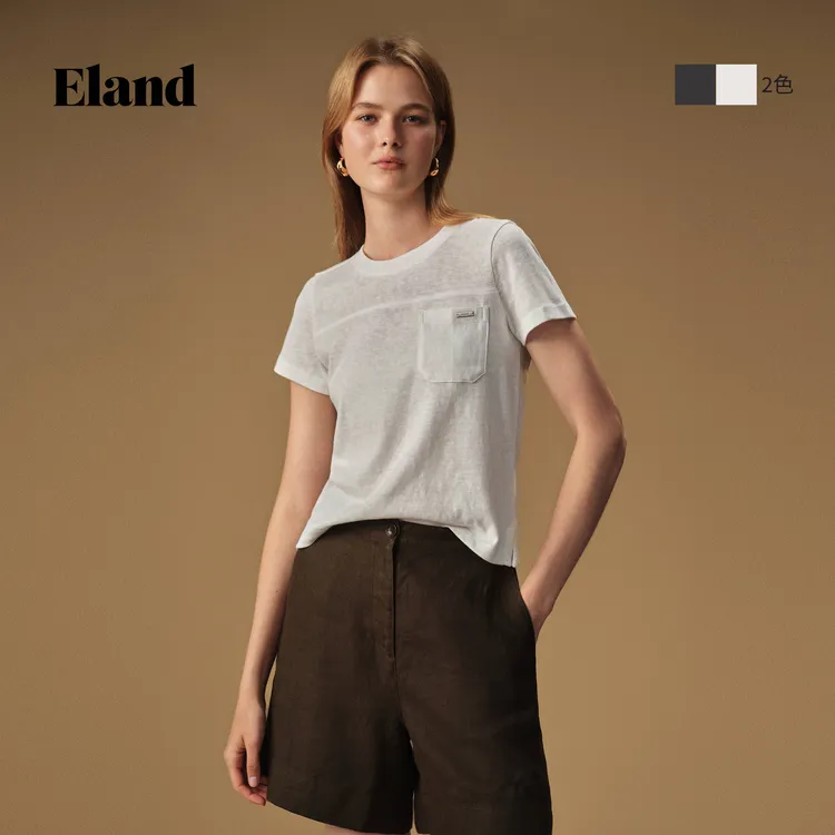 Eland衣恋T恤女复古工装感贴袋设计合身圆领短袖上衣夏EERAG38B02