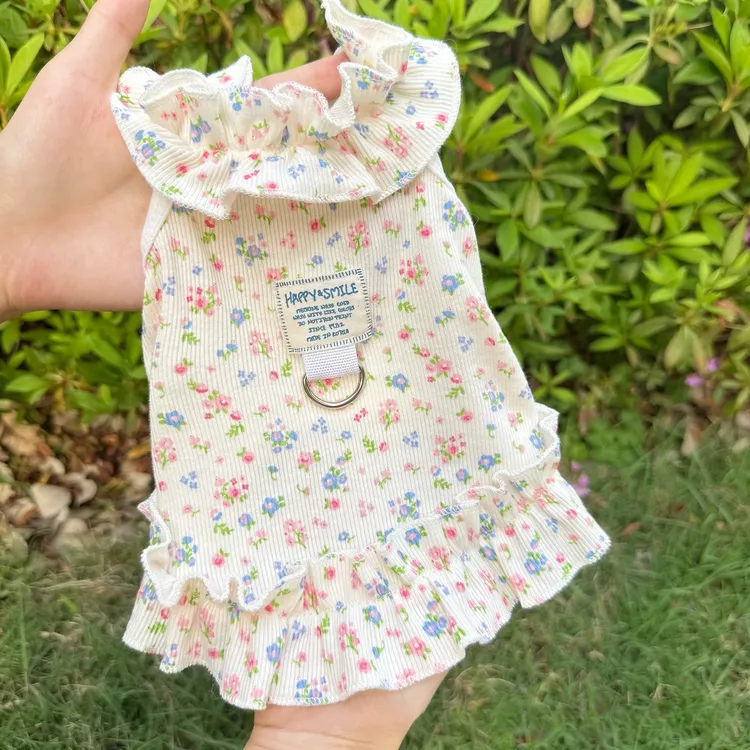 春夏季狗狗猫咪薄款防掉毛衣服碎花裙防掉毛带牵引扣柯基比熊泰迪