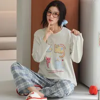卡之恋女秋冬季新款格子猫咪长袖40支紧赛精梳双面纯棉可外穿居服
