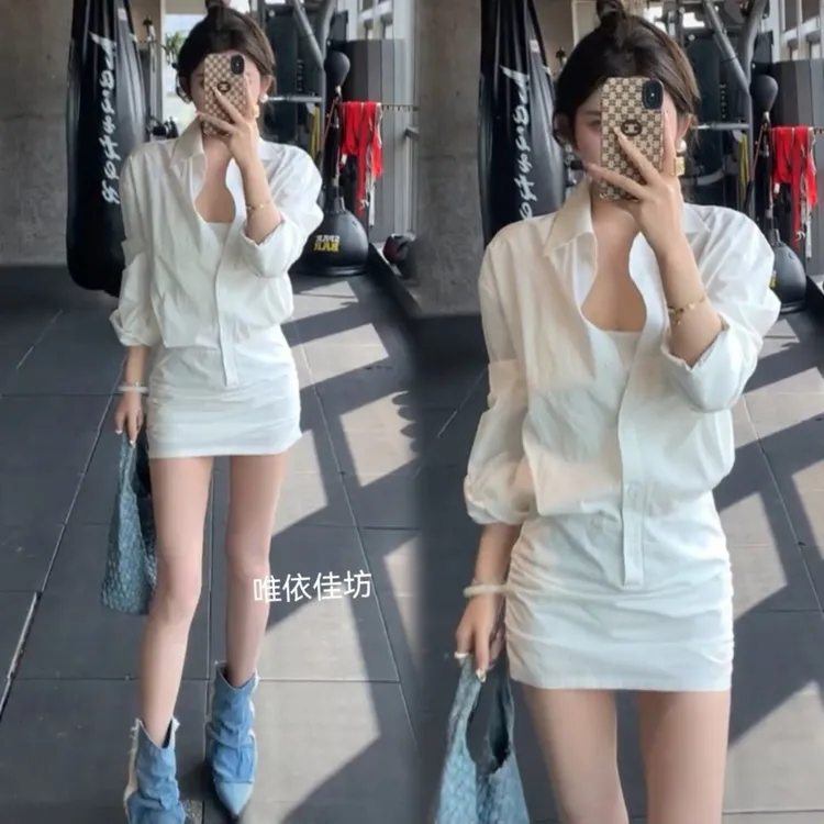 美媛【曲线女孩】2024春季新款修身设计感衬衫拼接连衣裙显瘦裙子