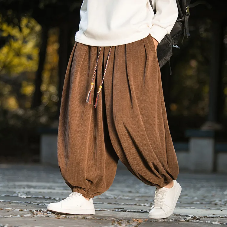 新款中国风潮流宽松休闲灯芯绒束脚裤秋季男士大码百搭阔腿灯笼裤