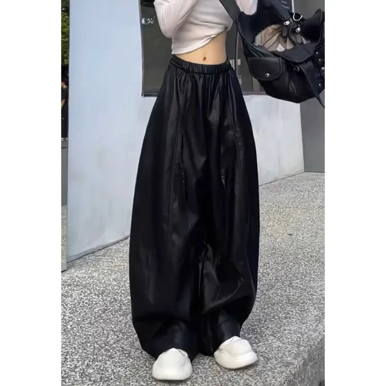 高街个性黑色弯刀PU皮裤女2025秋季新款高腰宽松显瘦休闲阔腿皮裤