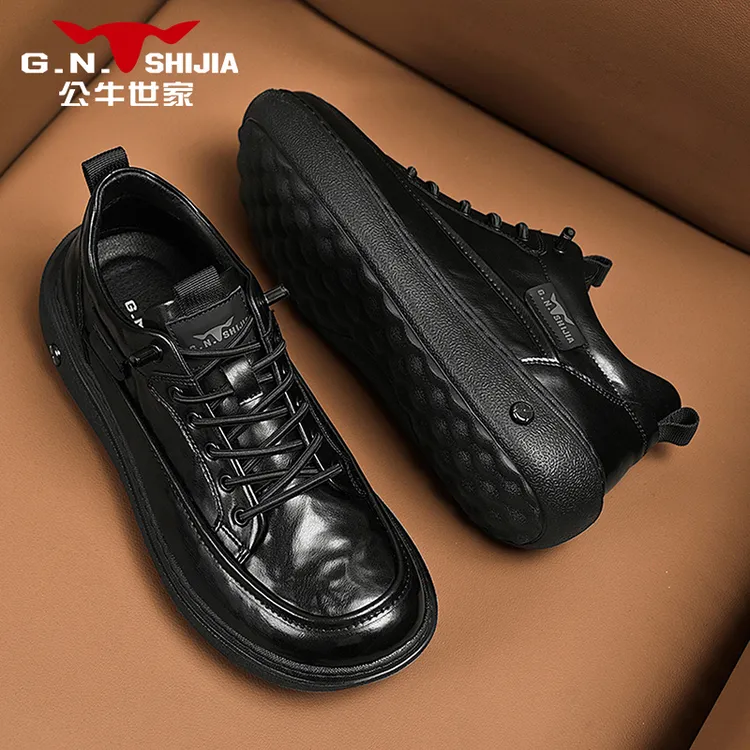 公牛世家男士休闲皮鞋秋季厚底英伦商务男鞋时尚百搭潮鞋运动鞋子