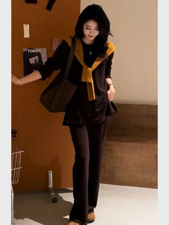 2025超火秋装美拉德咖色休闲卫衣披肩长裤洋气减龄小个子两件套装