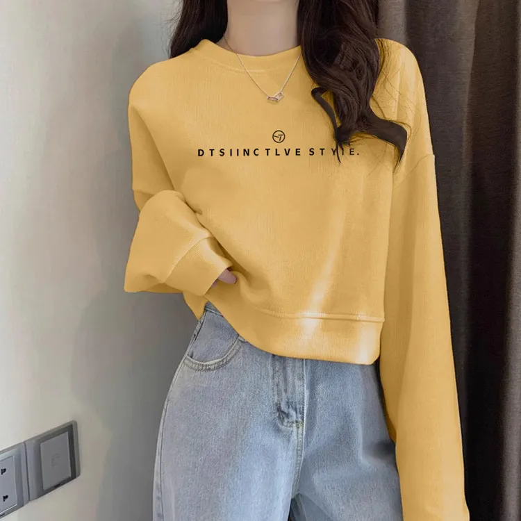 美式圆领无帽卫衣女秋冬款加绒加厚宽松小个子短款洋气百搭显瘦潮