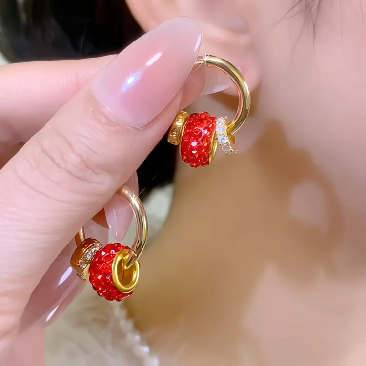 铜合金合成锆石耳饰 【路路通】法式轻奢时尚红色满钻圆圈耳扣