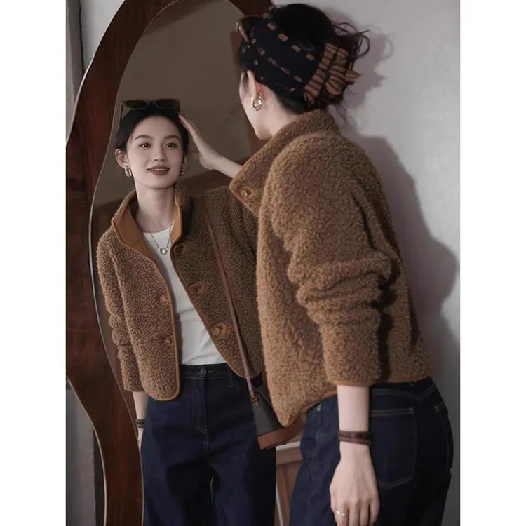 棕色羊羔绒外套开衫女新款韩系冬装小个子设计感显瘦短款立领上衣
