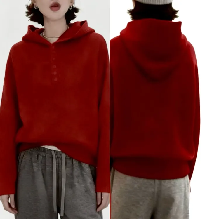 【加厚连帽】新年红色连帽针织衫女宽松高级感毛衣内搭打底上衣