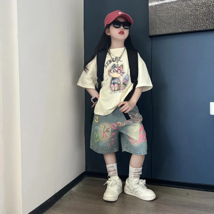 潮流2025新品夏季女童夏装涂鸦女童中大童卡通有型宽松牛仔两件套