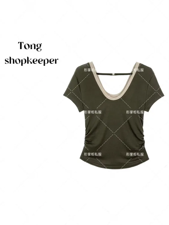 QJ/彤掌柜1681802 夏款25气质U领天丝羊毛打揽显瘦金属扣时尚上衣