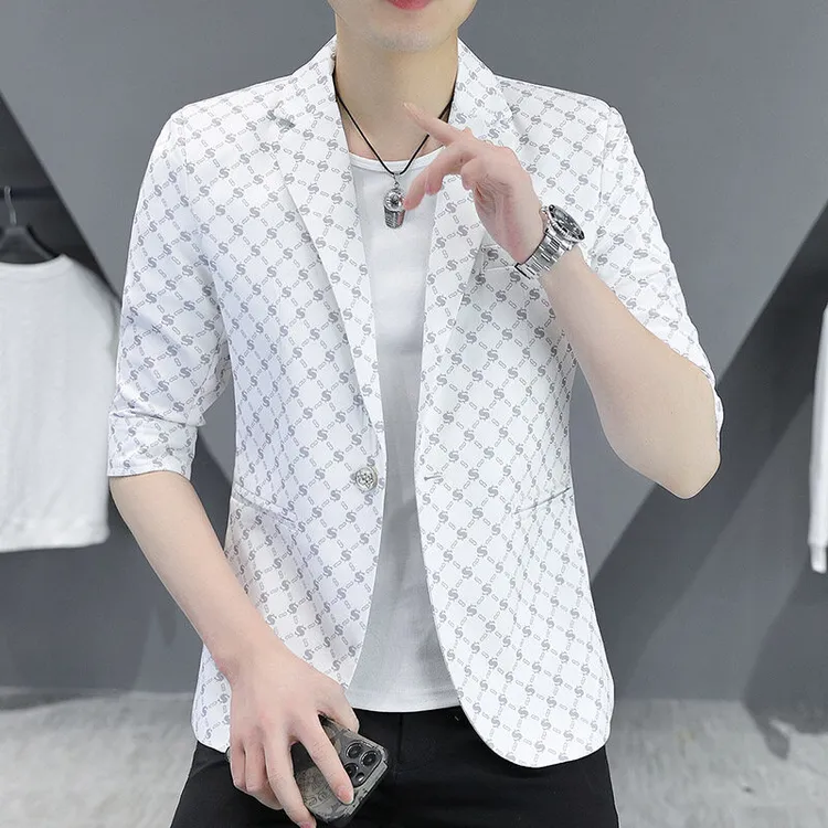 欧洲站高档时尚夏季爆品七分中袖小西装休闲潮流百搭男士西服外套