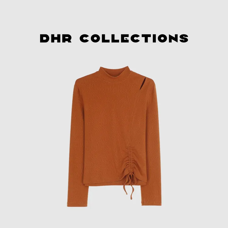 豆豆6【抽绳系带】显瘦长袖T恤半高领时尚百搭纯色打底上衣-DQ1730