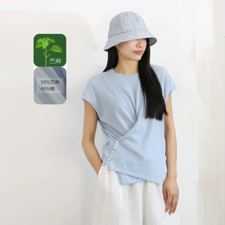 饮水鸟苎麻+棉短袖薄款圆领针织衫上衣宽松纯色透气夏季显瘦简约