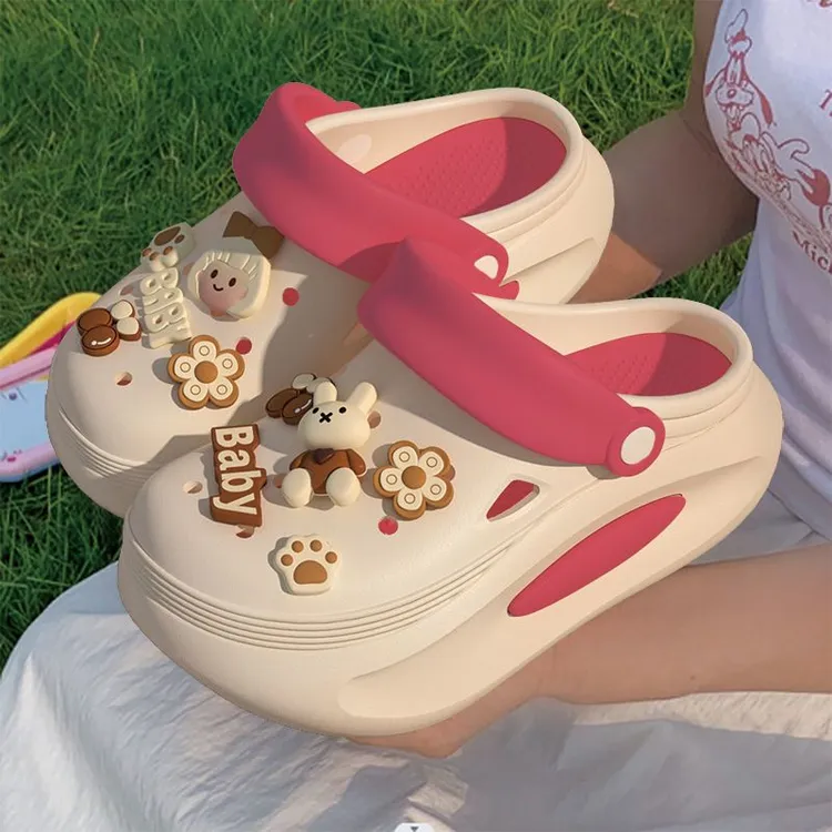 DIY卡通洞洞鞋女士2025夏季外穿防滑一鞋两穿厚底增高沙滩凉拖鞋