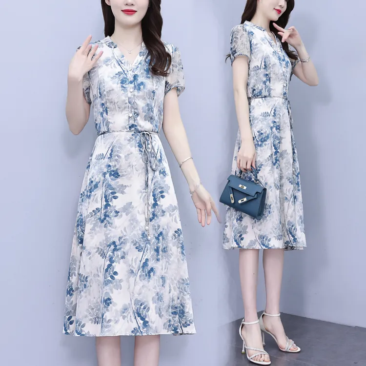 真丝桑蚕丝连衣裙女装夏新款贵夫人印花妈妈装中长款洋气修身裙子