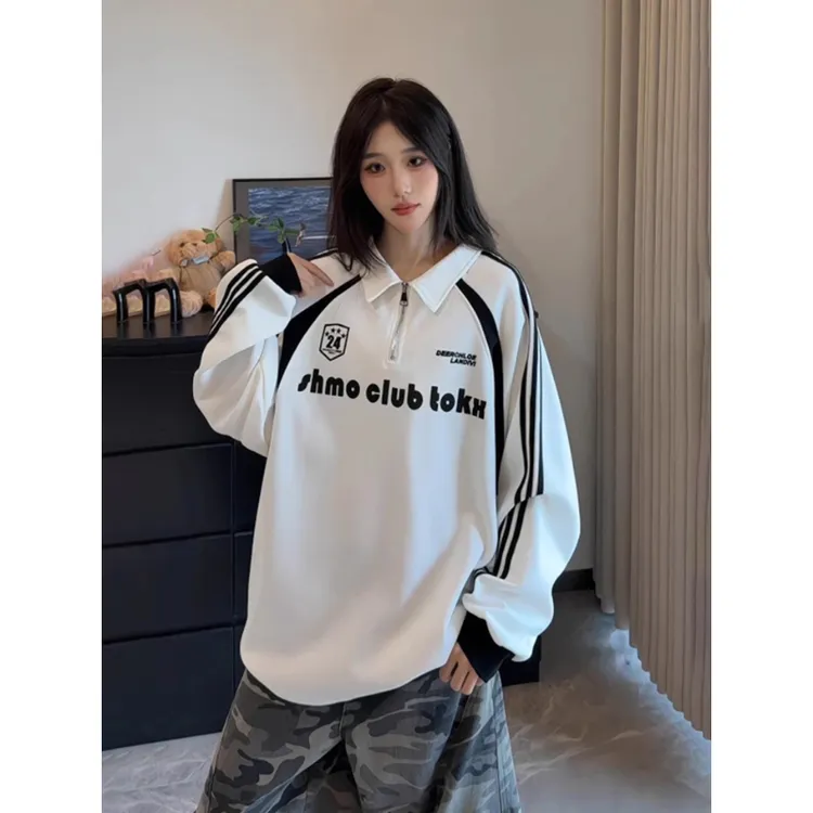 美式半拉链POLO卫衣男女秋季翻领拼接长袖t恤痞帅高级感情侣外套