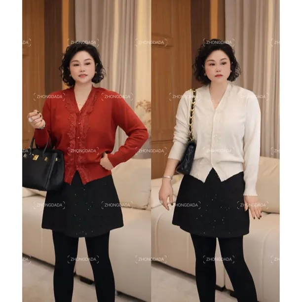 ZHONG大大【】冬季新款蕾丝拼接V领宽松显瘦针织开衫女12298