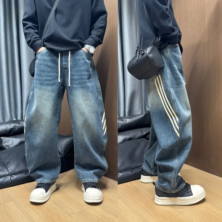 2025秋冬季宽松直筒百搭抽绳复古水洗保暖加绒加垂感条纹牛仔裤男