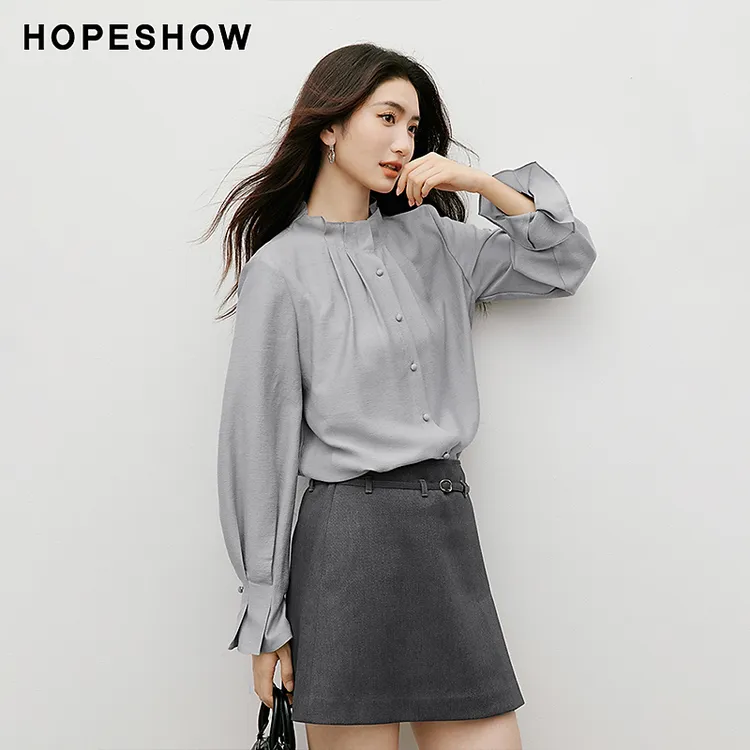 红袖2025秋新款女装 压褶木耳边喇叭袖正肩一手长衬衫90125280306