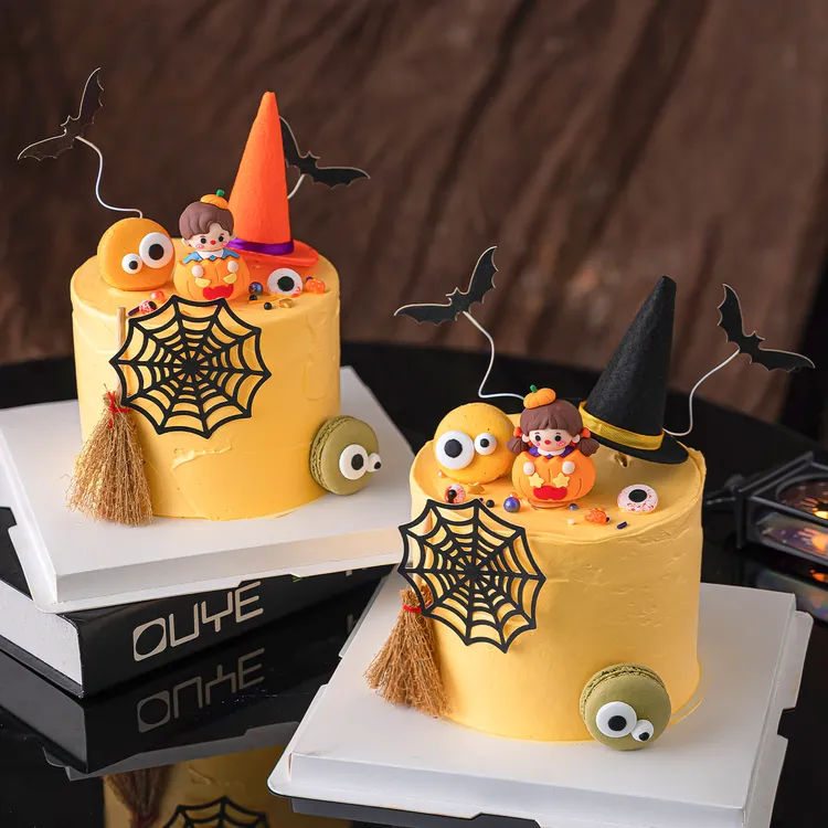 2025万圣节女巫帽蛋糕装饰南瓜男孩女孩摆件蝙蝠蜘蛛网小扫把插件