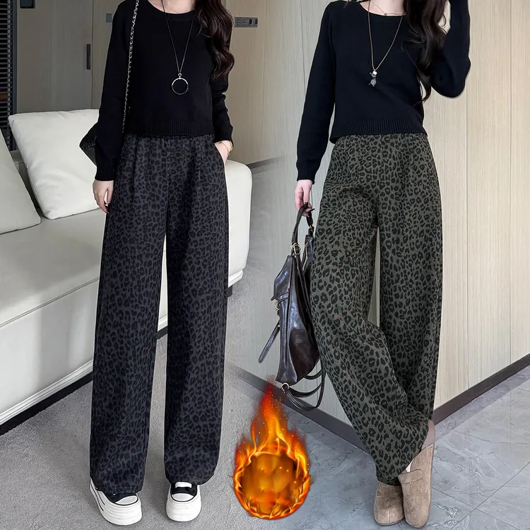 冬季加绒豹纹阔腿裤高腰慵懒风休闲裤绒裤休闲加厚小个子休闲裤