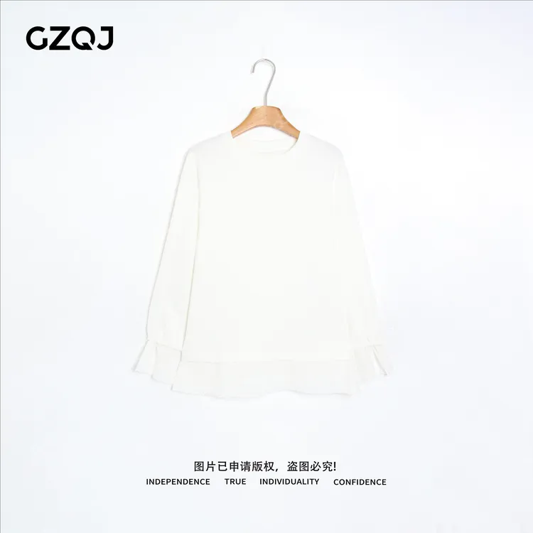 老琴私服【仙缕织】100棉时尚休闲气质圆领蕾丝拼接T恤女冬7630