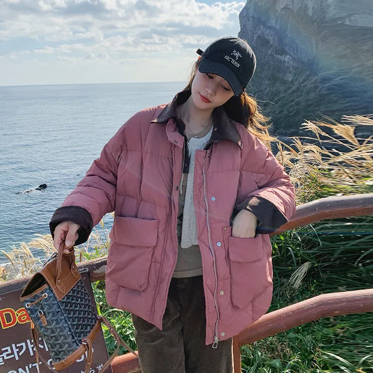 粉色短款羽绒服女冬季加厚2024新款撞色面包服洋气保暖白鸭绒外套