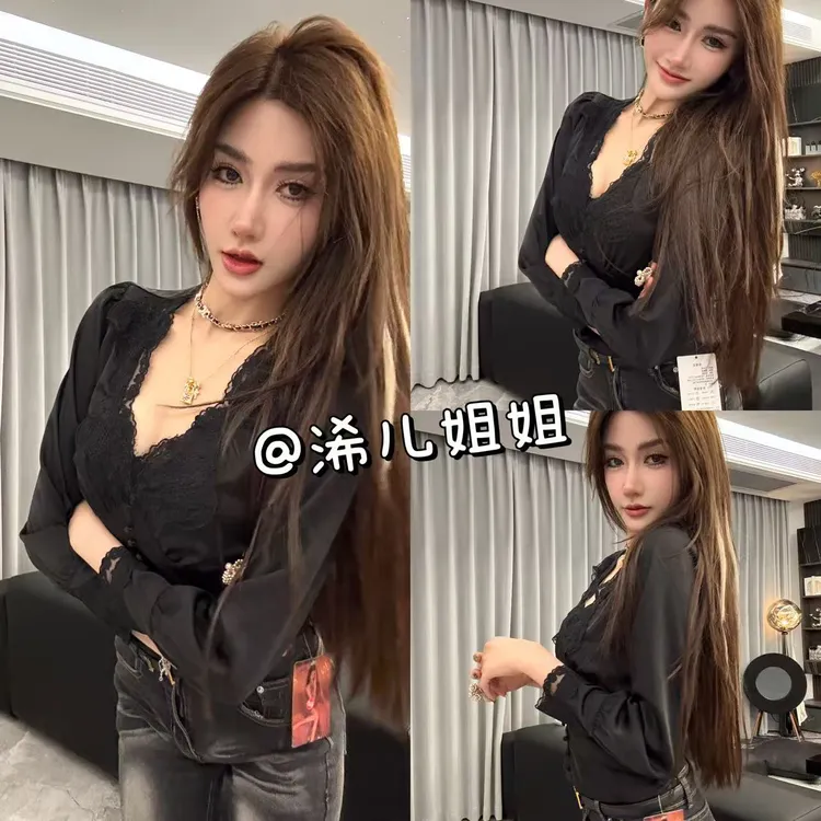 漂亮美女的心动瞬间！新款重磅缎面拼蕾丝上衣！穿上秒变纸片人
