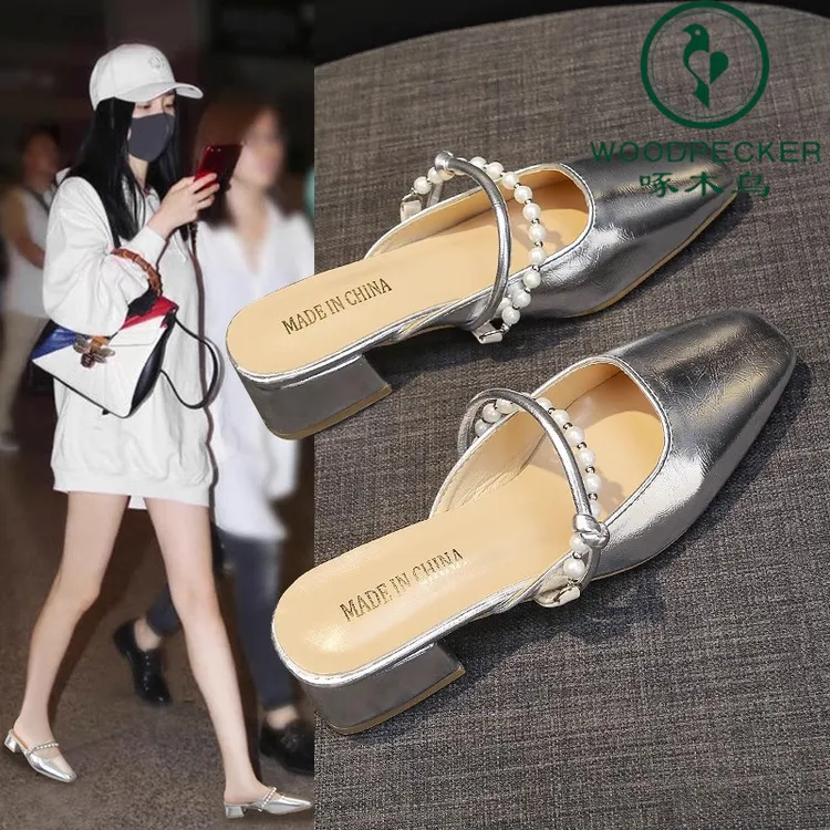 啄木鸟法式珍珠包头半拖鞋女2025夏季新款高跟鞋懒人凉拖ins爆款 