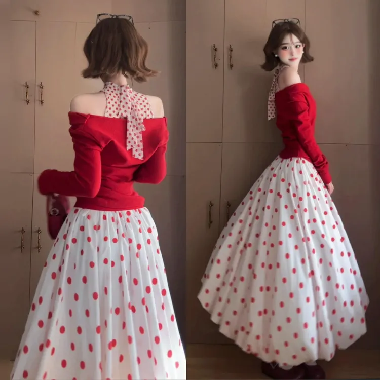 巨好看一字肩红色毛衣新年穿搭一整套2026新款秋冬季波点长裙套装