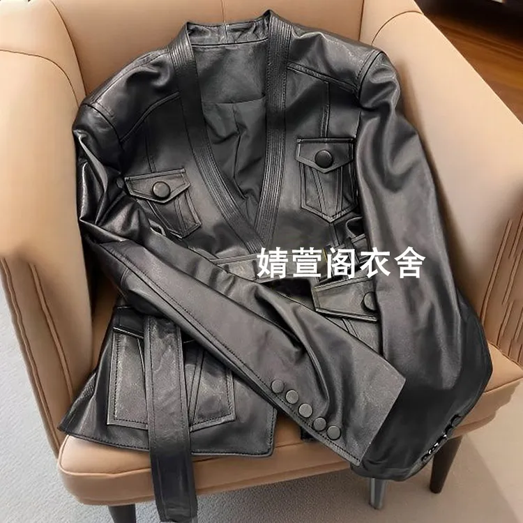 海宁高级感皮衣女2025秋季新款腰带修身时尚耸肩外套机车短款夹克