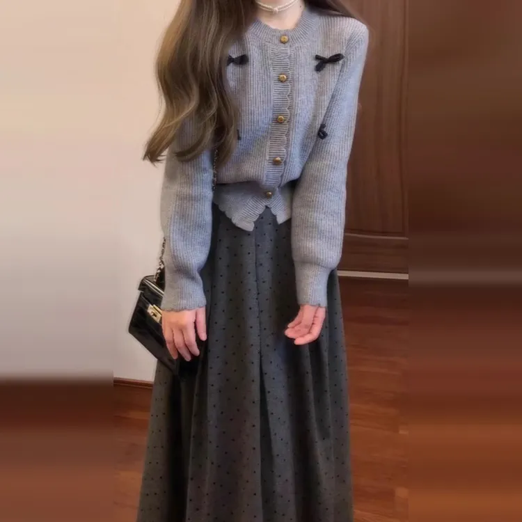 9109【金拐子专属】灰色针织毛衣搭半身连衣裙新款女秋冬高级感套装