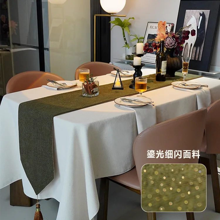 轻奢风鎏光细闪复古绿桌旗现代简约茶桌装饰长条布高端感家用茶席