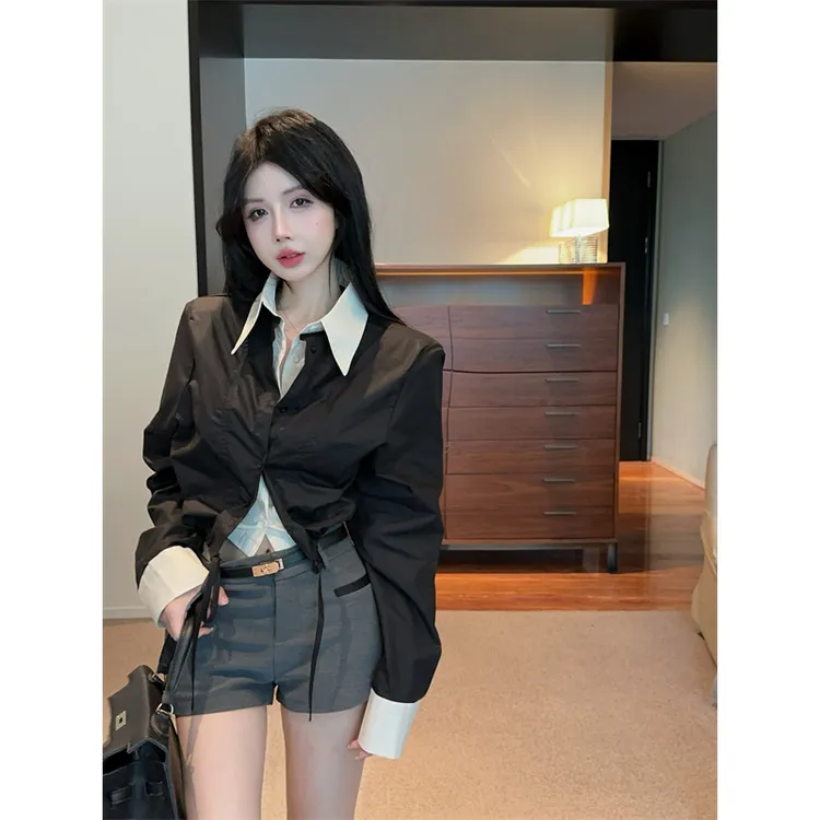 单排扣拼接假两件长袖衬衫女时尚百搭修身显瘦高级设计感外穿上衣