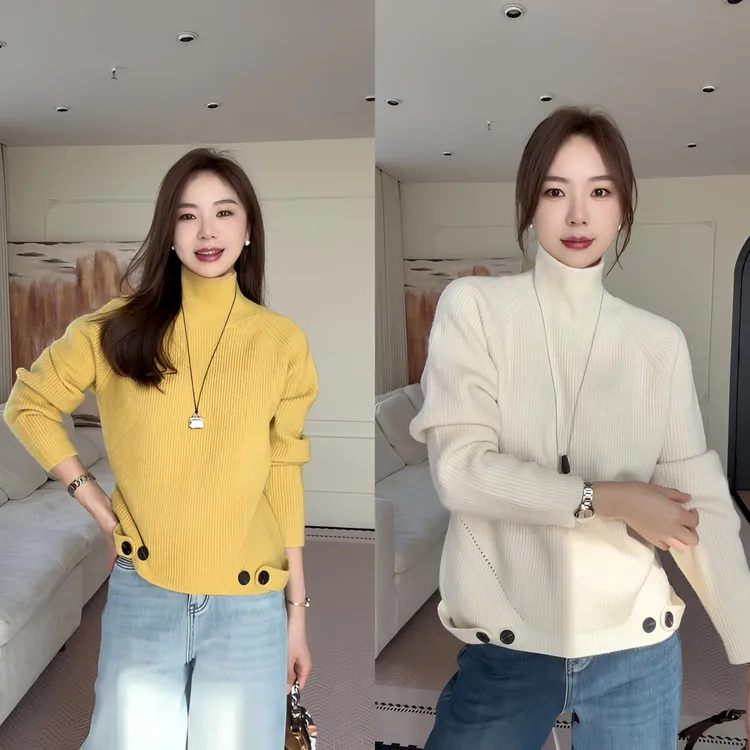 【余欢欢】冬季韩版时尚半高领下摆纽扣套头针织毛衣-YHW51112